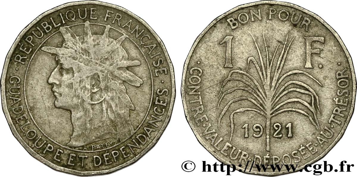 GUADALUPE Bon pour 1 Franc indien caraïbe / canne à sucre 1921  BC 