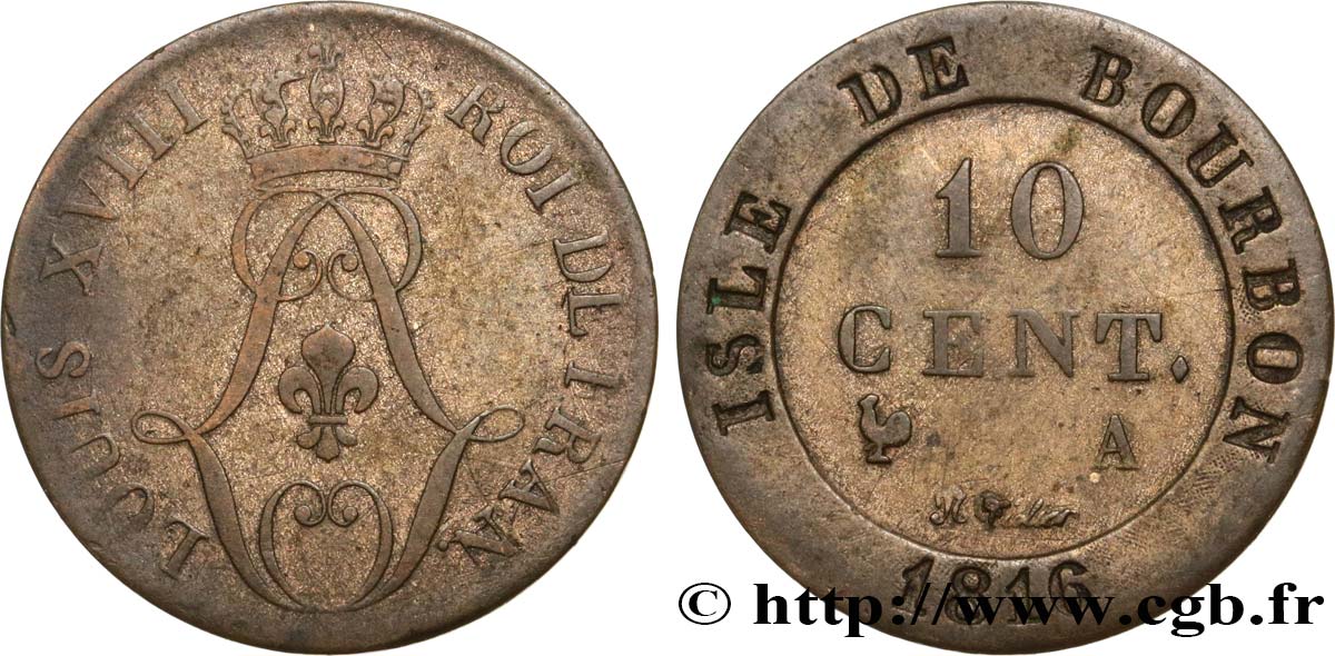 ILES DE BOURBON (ÎLE DE LA RÉUNION) 10 Cent. 1816  VF 