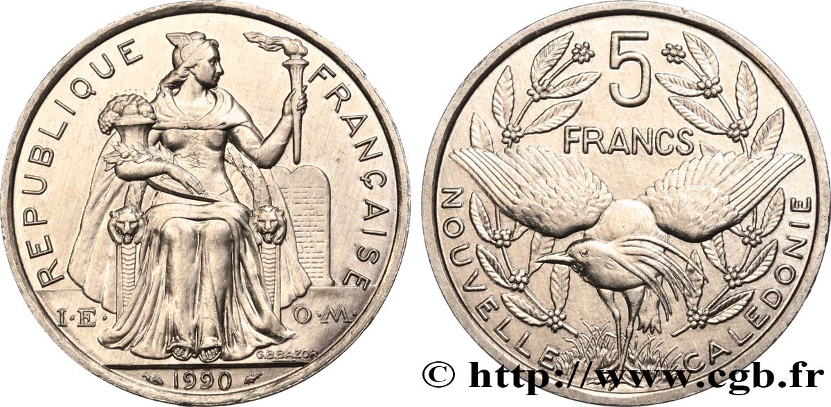 NOUVELLE CALÉDONIE 5 Francs I.E.O.M. représentation allégorique de Minerve / Kagu, oiseau de Nouvelle-Calédonie 1990 Paris SPL 
