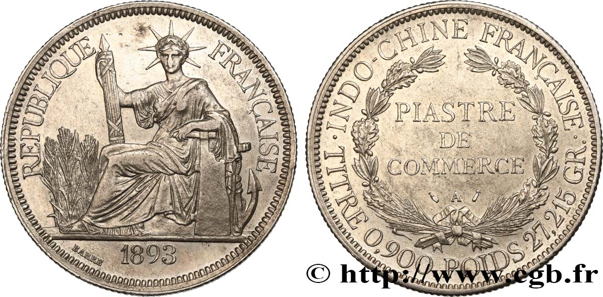 INDOCHINA 1 Piastre de Commerce 1893 Paris EBC 