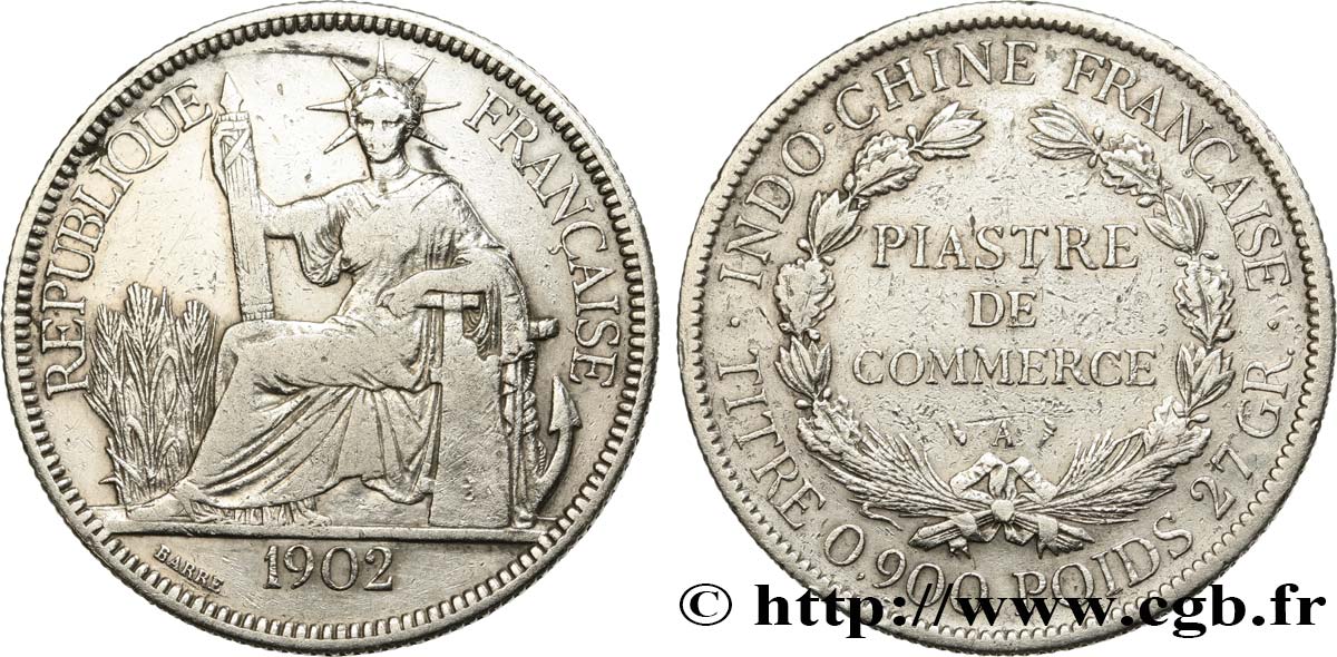 INDOCINA FRANCESE 1 Piastre de Commerce 1902 Paris MB 