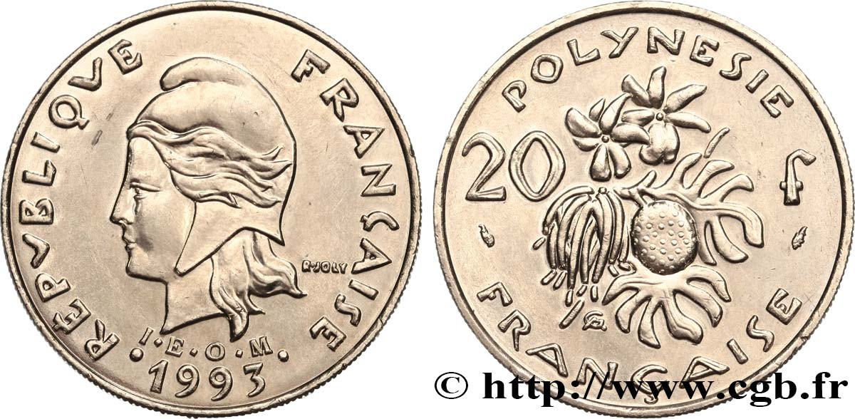 FRENCH POLYNESIA 20 Francs I.E.O.M Marianne  1993 Paris AU 