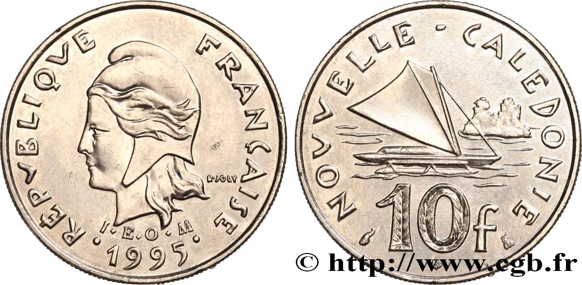 NEW CALEDONIA 10 Francs I.E.O.M. Marianne / paysage maritime néo-calédonien avec pirogue à voile  1995 Paris AU 