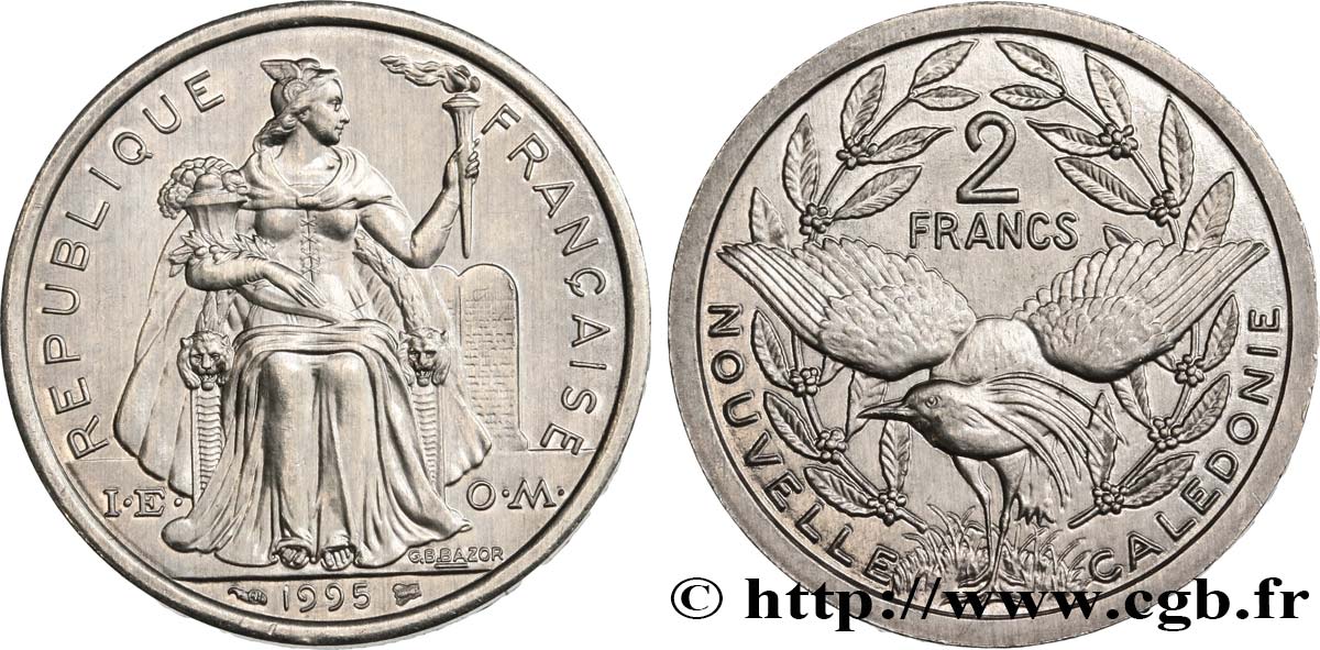 NEW CALEDONIA 2 Francs I.E.O.M. représentation allégorique de Minerve / Kagu, oiseau de Nouvelle-Calédonie 1995 Paris MS 