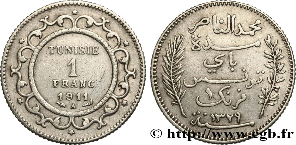 TUNISIA - French protectorate 1 Franc AH1329 1911 Paris XF 