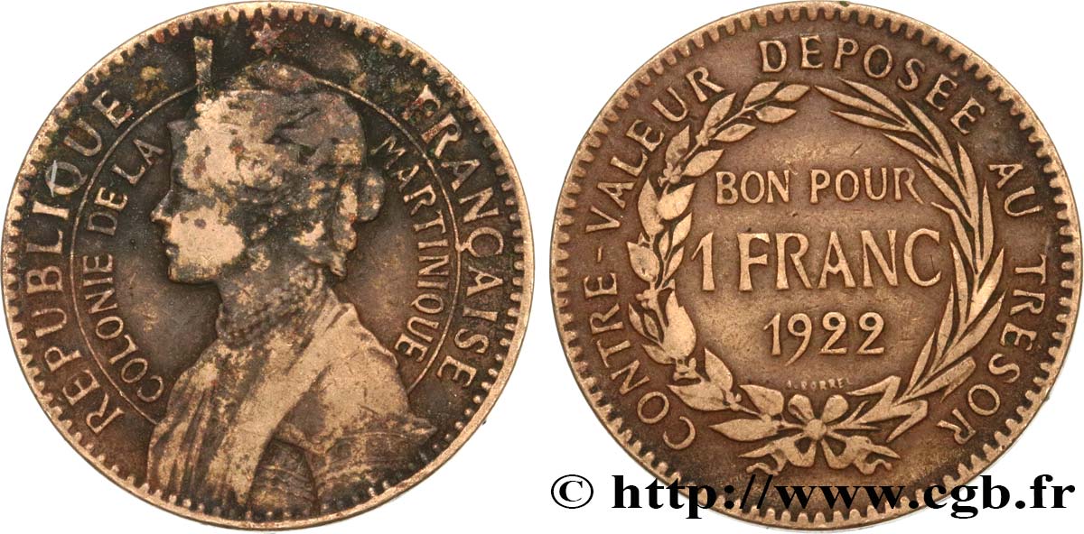 ÎLE DE LA MARTINIQUE Bon pour 1 Franc Colonie de la Martinique 1922 sans atelier TB 
