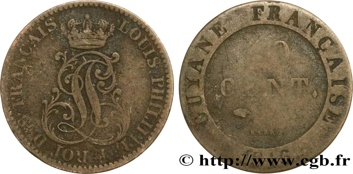 GUYANA FRANCESE 10 Cent. (imes) monogramme de Louis-Philippe 1846 Paris MB 