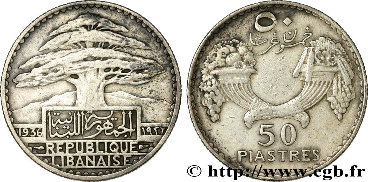 III REPUBLIC - LEBANON 50 Piastres 1936 Paris VF/XF 