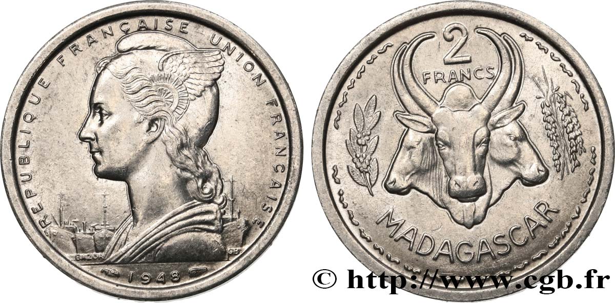 MADAGASCAR - Union française 2 Francs 1948 Paris SUP 