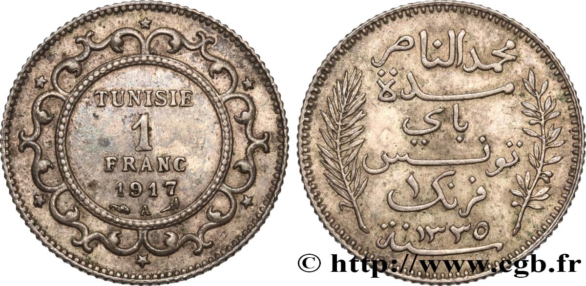 TUNEZ - Protectorado Frances 1 Franc AH 1335 1917 Paris MBC+ 