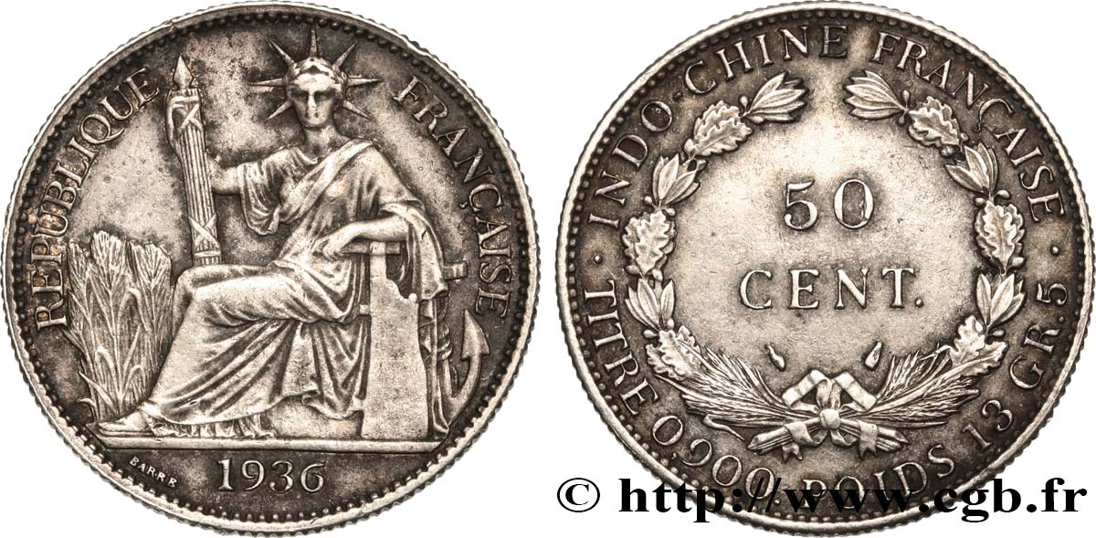 FRANZÖSISCHE-INDOCHINA 50 Centièmes 1936 Paris fVZ 