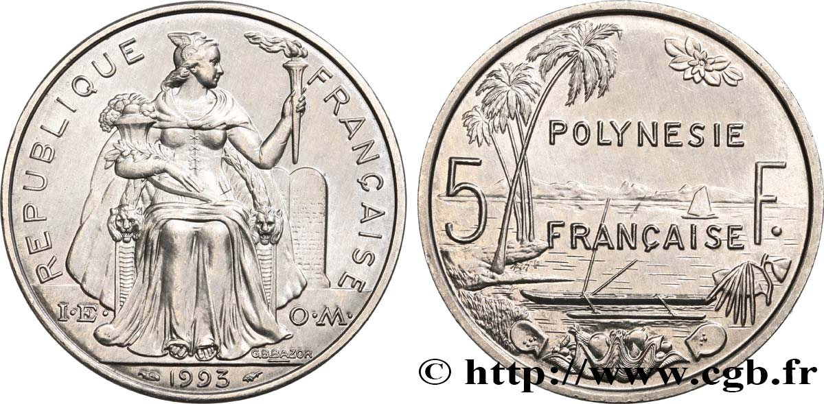 FRANZÖSISCHE-POLYNESIEN 5 Francs I.E.O.M. Polynésie Française 1993 Paris fST 