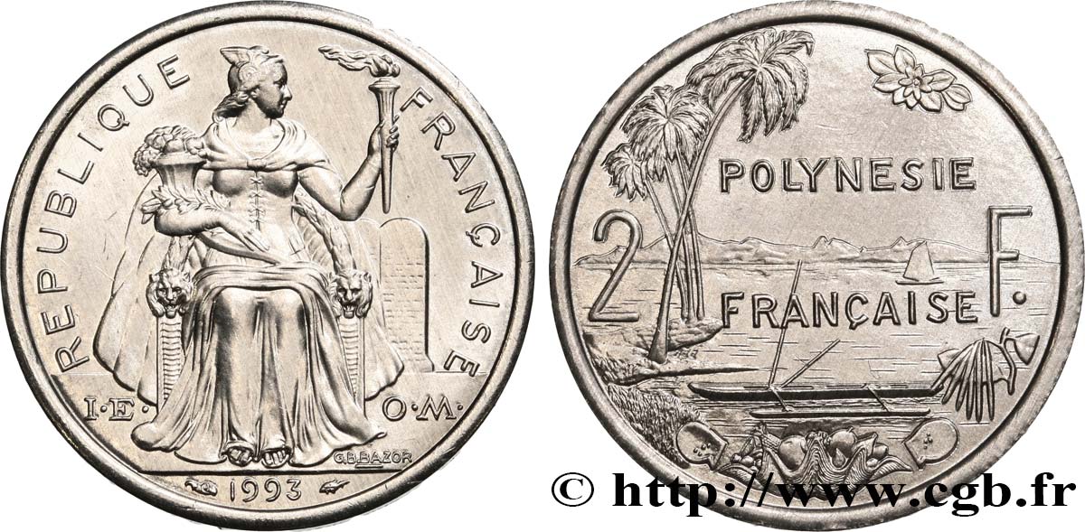 FRANZÖSISCHE-POLYNESIEN 2 Francs I.E.O.M. Polynésie Française 1993 Paris fST 