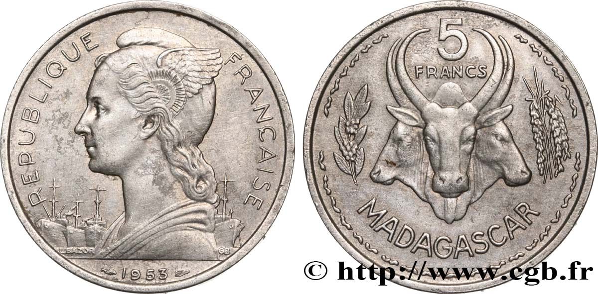 MADAGASCAR French Union 5 Francs Marianne / buffles 1953 Paris AU 