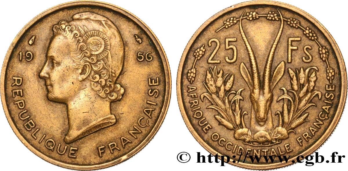 FRANZÖSISCHE WESTAFRIKA 25 Francs 1956 Paris fVZ 