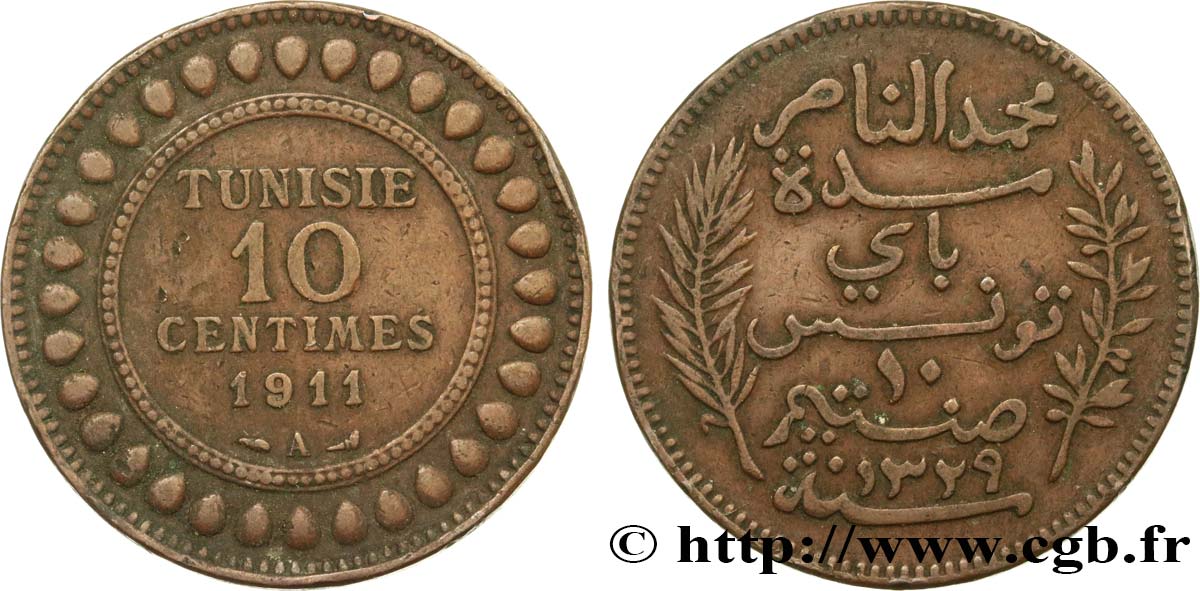 TUNISIA - FRENCH PROTECTORATE 10 Centimes AH1329 1911 Paris XF 