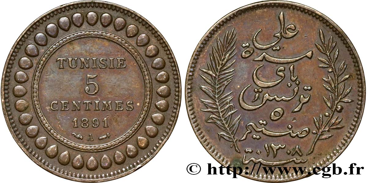 TUNESIEN - Französische Protektorate  5 Centimes AH 1309 1891 Paris SS 