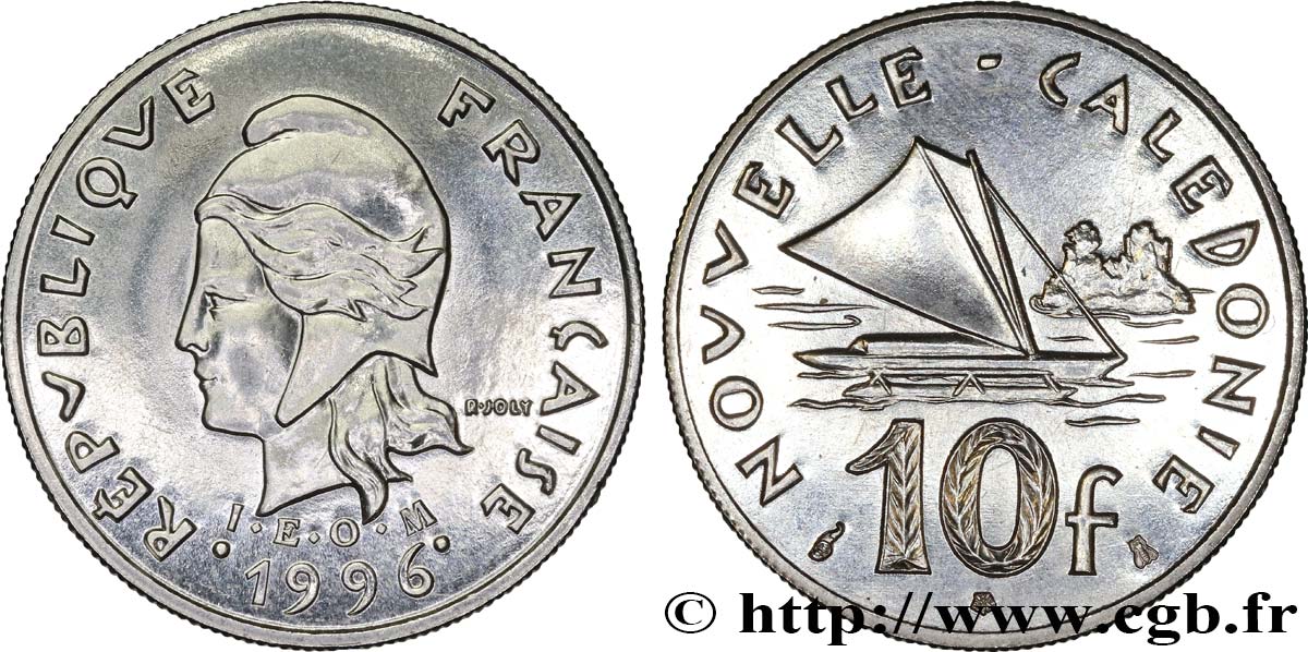 NUEVA CALEDONIA 10 Francs I.E.O.M. Marianne / paysage maritime néo-calédonien avec pirogue à voile  1996 Paris SC 