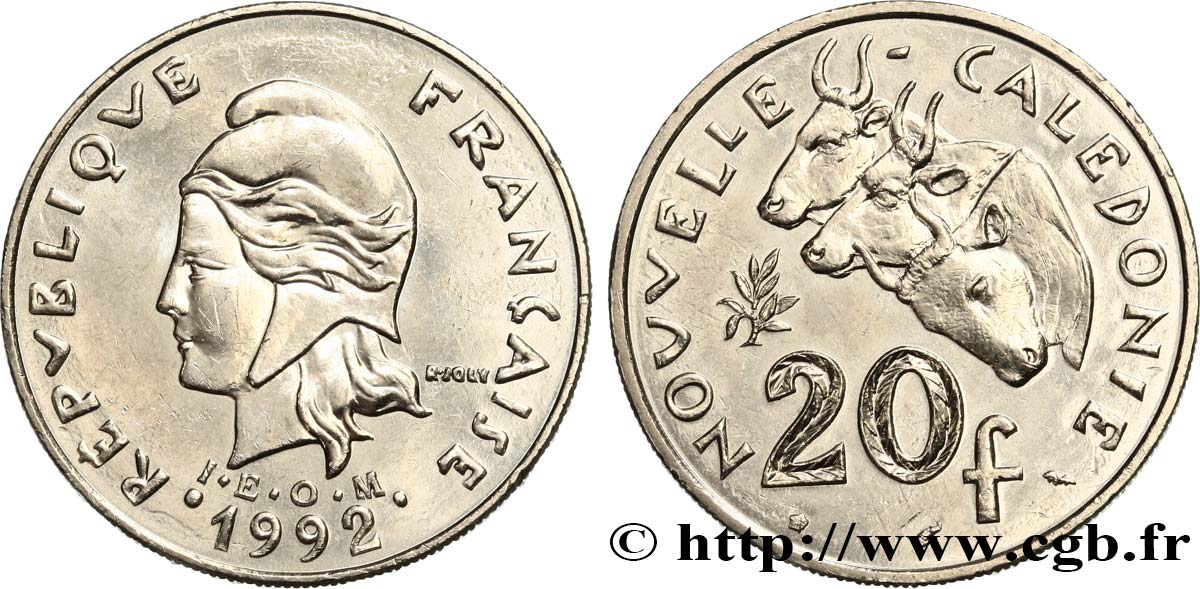 NEUKALEDONIEN 20 Francs I.E.O.M. Marianne / zébus d’élevage de Nouvelle Calédonie  1992 Paris VZ 