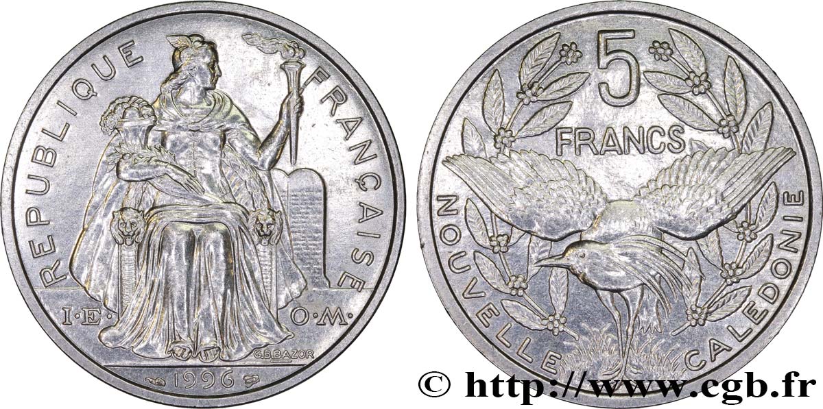 NUEVA CALEDONIA 5 Francs I.E.O.M. représentation allégorique de Minerve / Kagu, oiseau de Nouvelle-Calédonie 1994 Paris EBC 