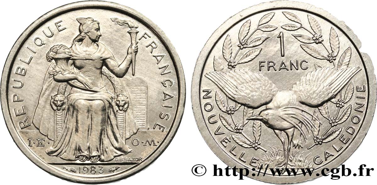 NEW CALEDONIA 1 Franc I.E.O.M. représentation allégorique de Minerve / Kagu, oiseau de Nouvelle-Calédonie 1983 Paris MS 