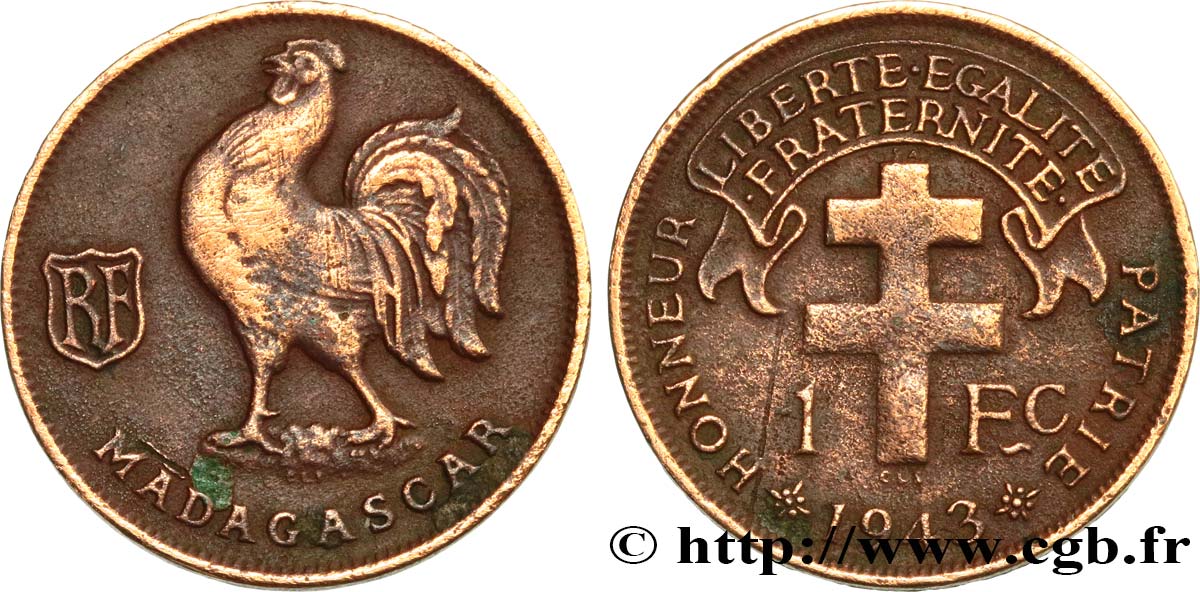 ÎLE DE MADAGASCAR - France Libre 1 Franc 1943 Prétoria TB 