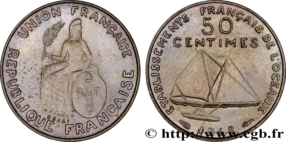 POLYNÉSIE FRANÇAISE - Océanie française Essai de 50 Centimes type avec listel en relief 1948 Paris SPL 