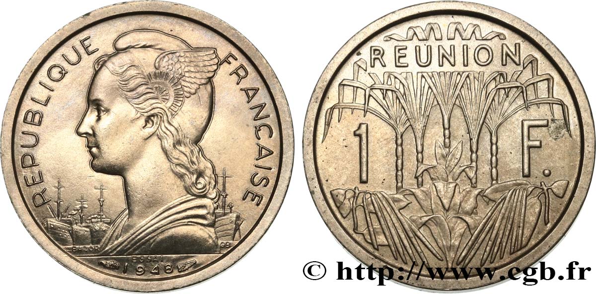 ÎLE DE LA RÉUNION 1 Franc Essai buste de la République 1948 Paris SPL 