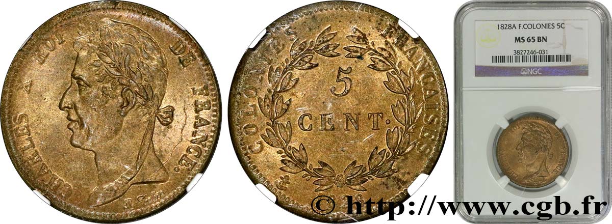 COLONIE FRANCESI - Carlo X, per Guyana 5 Centimes Charles X 1828 Paris FDC65 NGC