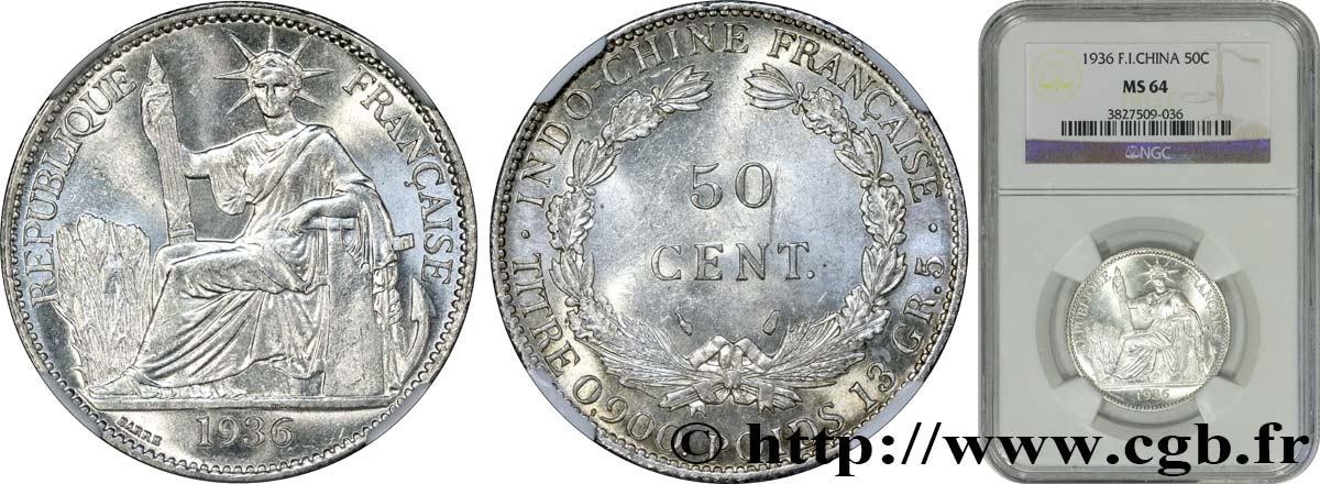 FRENCH INDOCHINA 50 Centièmes 1936 Paris MS64 NGC