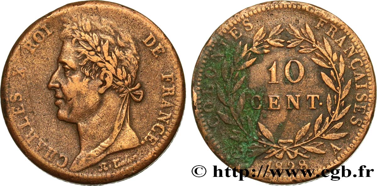 COLONIAS FRANCESAS - Charles X, para Guayana 10 Centimes Charles X 1828 Paris - A BC+ 