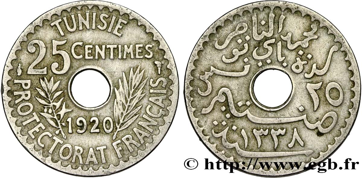 TUNISIA - Protettorato Francese 25 Centimes AH1338 1920 Paris BB 