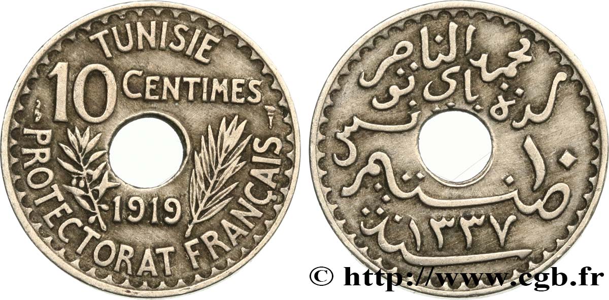 TUNISIA - French protectorate 10 Centimes AH 1337 1919 Paris XF 