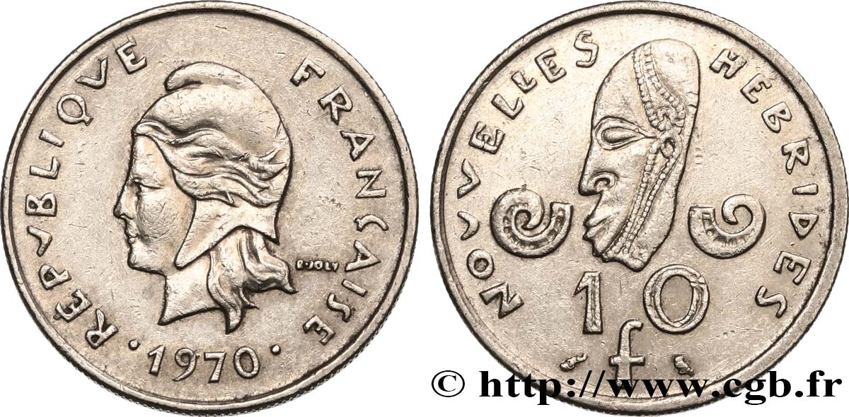 NEW HEBRIDES (VANUATU since 1980) 10 Francs Marianne / masque 1970 Paris XF 
