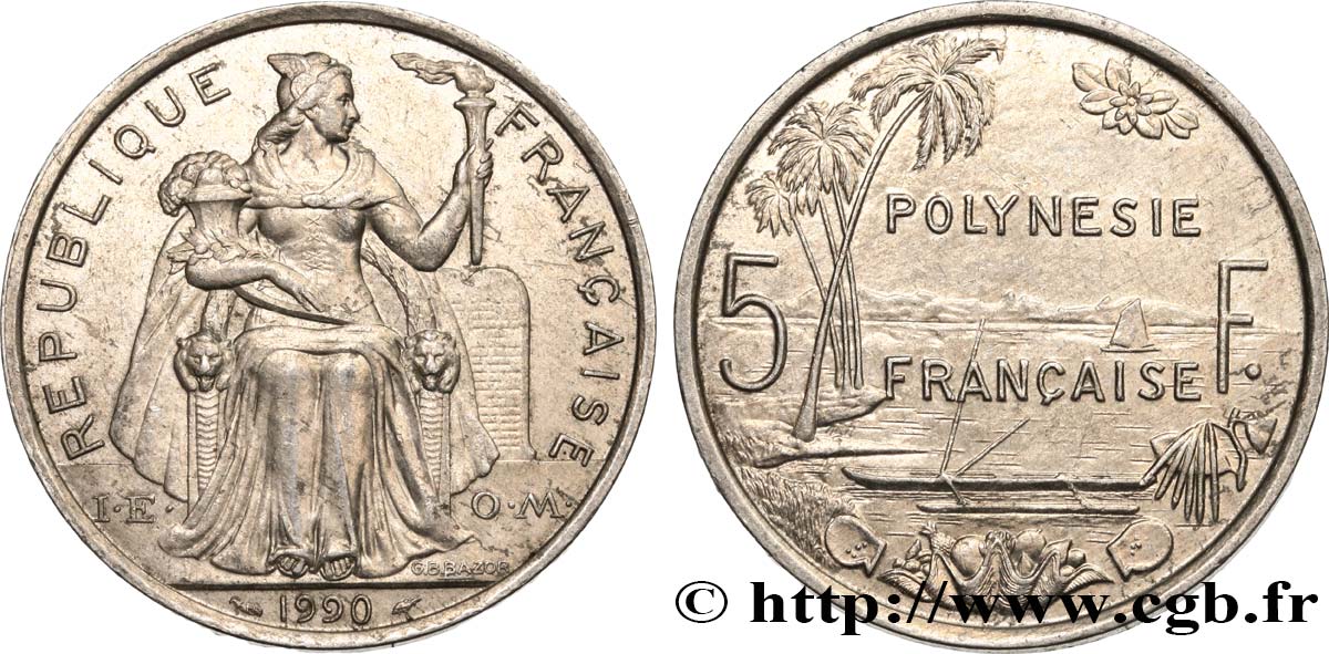POLINESIA FRANCESA 5 Francs I.E.O.M. Polynésie Française 1990 Paris MBC+ 