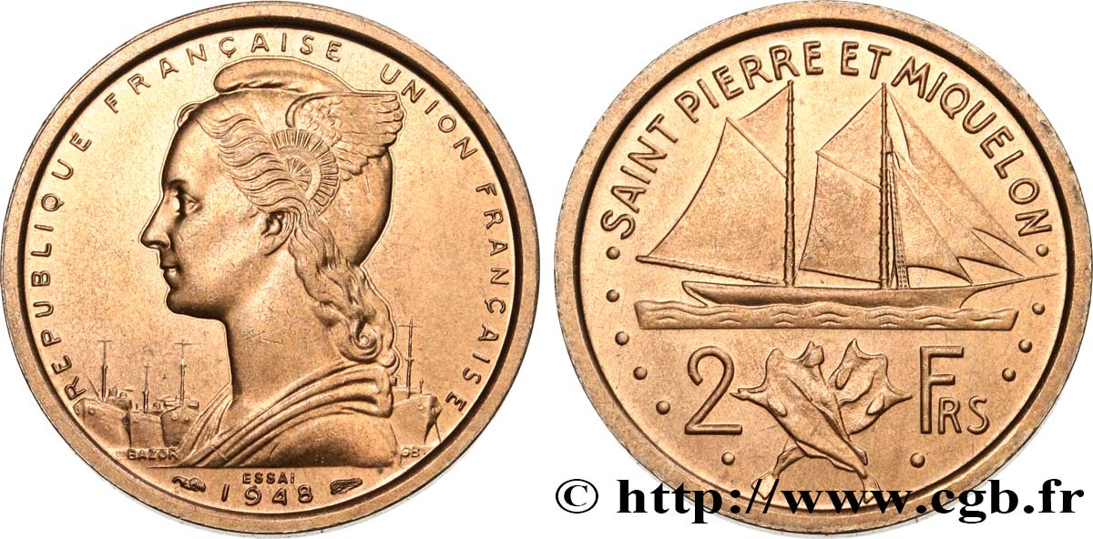 SAINT PIERRE ET MIQUELON 2 Francs ESSAI 1948 Paris SPL 