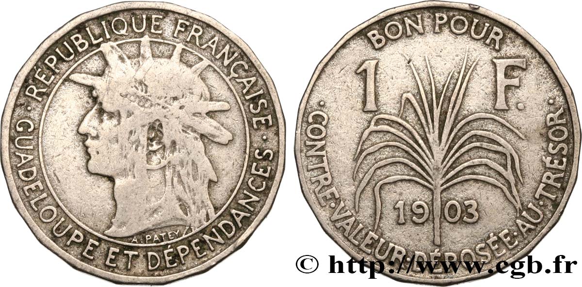 GUADELUPA Bon pour 1 Franc indien caraïbe / canne à sucre 1903  MB 