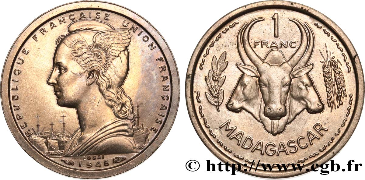 MADAGASCAR French Union Essai de 1 Franc 1948 Paris MS 