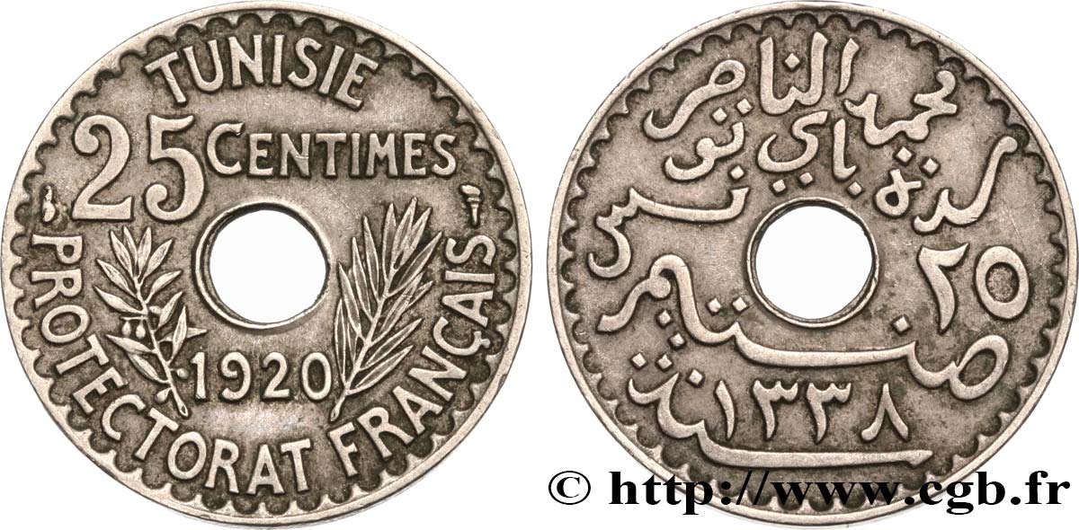 TUNEZ - Protectorado Frances 25 Centimes AH1338 1920 Paris MBC 