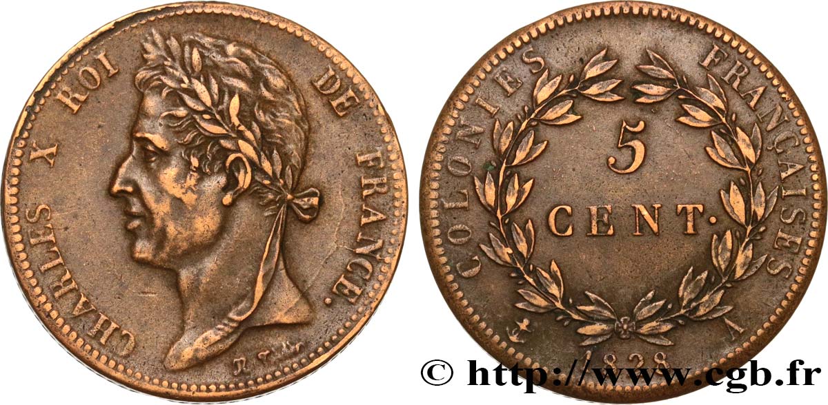 COLONIE FRANCESI - Carlo X, per Guyana 5 Centimes Charles X 1828 Paris - A q.SPL 