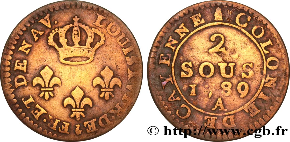 FRENCH GUIANA 2 Sous colonie de Cayenne 2e type 1789 Paris - A VF 