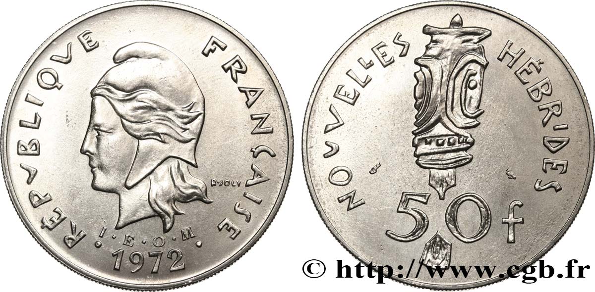 NEUE HEBRIDEN (VANUATU ab 1980) 50 Francs I. E. O. M. Marianne / masque 1972 Paris VZ 