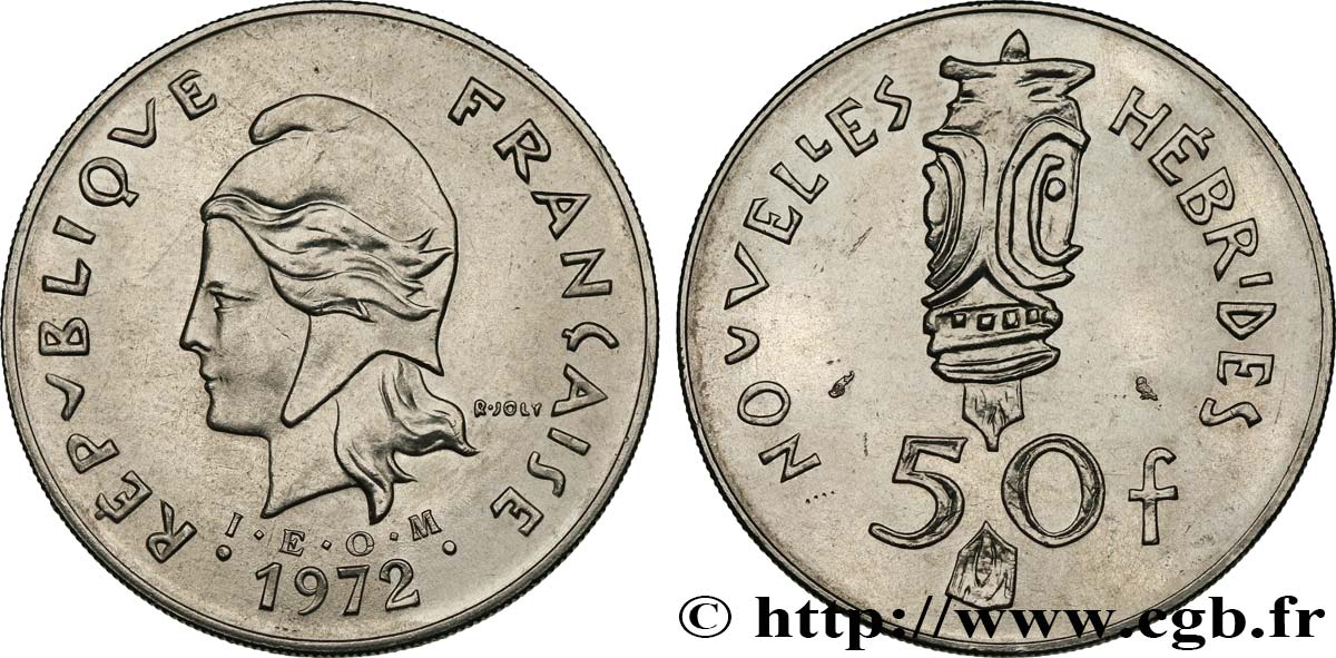 NOUVELLES HÉBRIDES (VANUATU depuis 1980) 50 Francs I. E. O. M. Marianne / masque 1972 Paris SUP 
