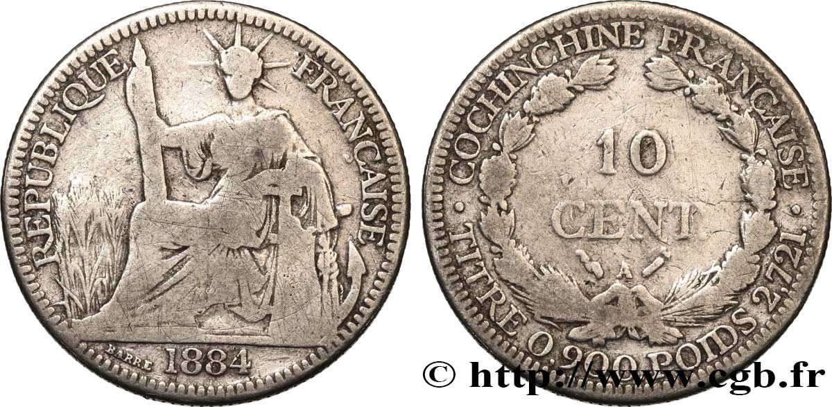 FRENCH COCHINCHINA 10 Centimes 1884 Paris F 