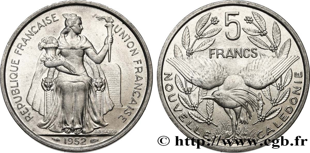 NEUKALEDONIEN 5 Francs Union Française 1952 Paris fST 