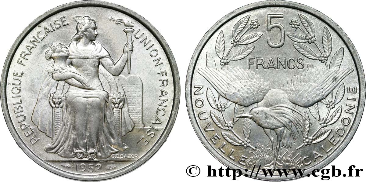 NUEVA CALEDONIA 5 Francs Union Française 1952 Paris SC 