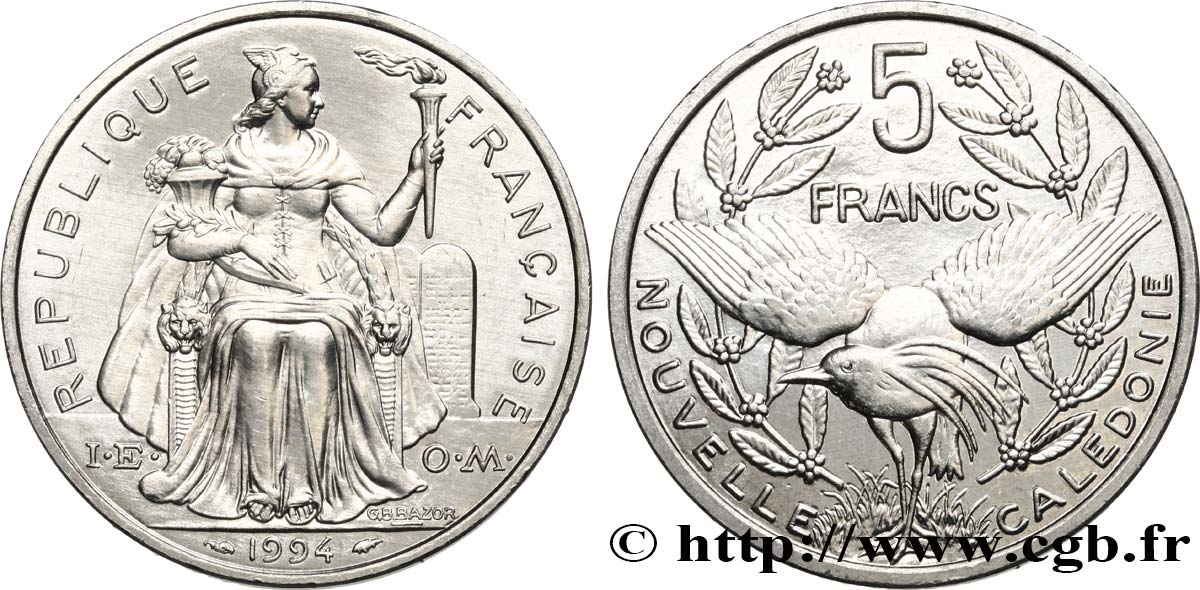 NOUVELLE CALÉDONIE 5 Francs I.E.O.M. 1994 Paris SPL 