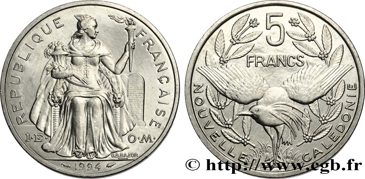 NOUVELLE CALÉDONIE 5 Francs I.E.O.M. 1994 Paris SPL 