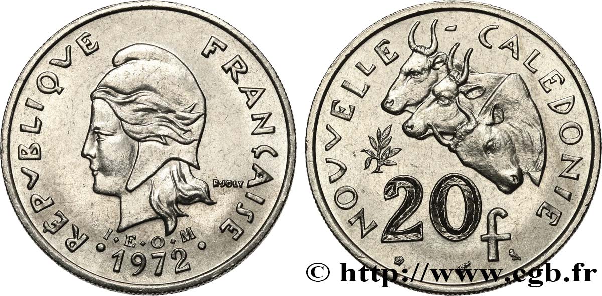 NOUVELLE CALÉDONIE 20 Francs I.E.O.M. Marianne / zébus d’élevage de Nouvelle Calédonie  1972 Paris SPL 