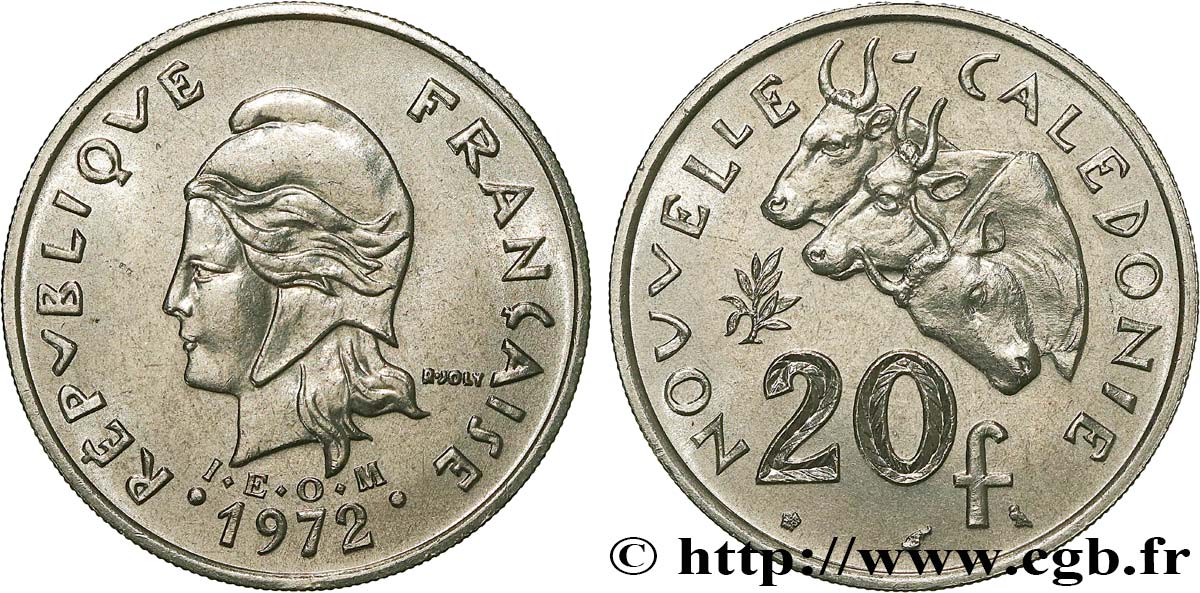 NUOVA CALEDONIA 20 Francs I.E.O.M. Marianne / zébus d’élevage de Nouvelle Calédonie  1972 Paris MS 